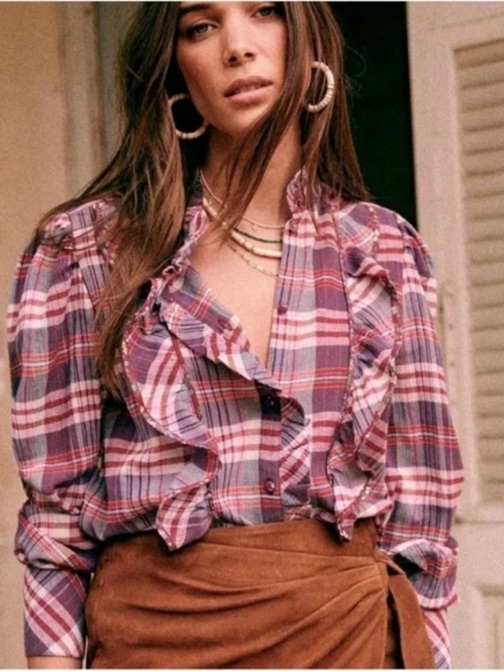 Sézane Purple and Pink Plaid Button-Up Blouse